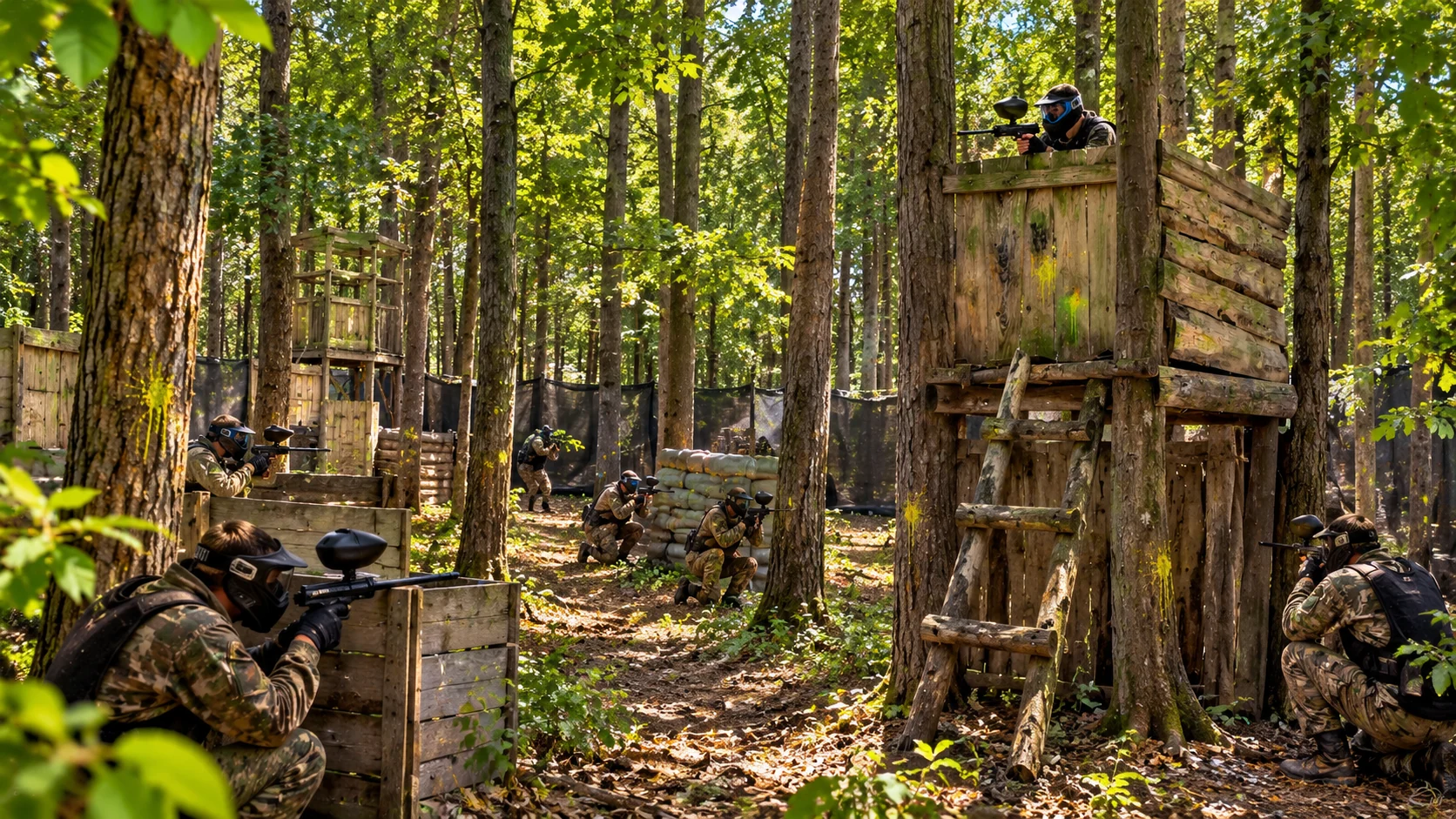Paintball Sierpc – pole leśne z drewnianymi wieżyczkami i zawodnikami